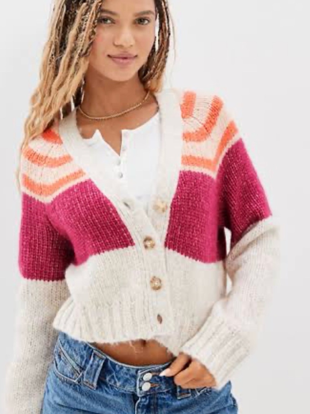 Cozy Colorblock V‑Neck Cropped Cardigan Sweater - Cream, burgundy, & orange